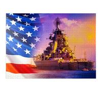 MyPuzzle Défilé militaire des troupes américaines. Un navire de guerre avec des marins sur le pont sur le fond du drapeau américain - Puzzle de qualité supérieure de 1000 pièces pour adultes
