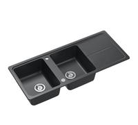 myQ BERLIN 121 Évier en granit pour cuisine, dimensions : 116 x 50 x 20,5 cm, couleur : noir, évier de cuisine à un bac, évier de cuisine à deux bacs, évier à deux compartiments avec siphon manuel
