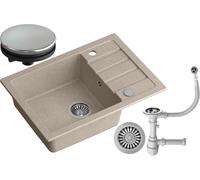 myQ Evier en granit | Dimensions : 62 x 44 x 17,5 cm, Couleur : Beige | SEUL 16 Evier de cuisine Evier simple avec égouttoir et siphon manuel | pour armoires à partir de 50 cm