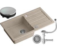 myQ Evier en granit | Dimensions : 77 x 44 x 17,5 cm, Couleur : Beige | SEUL 11 Evier de cuisine Evier simple avec égouttoir et siphon manuel | pour armoires à partir de 50 cm