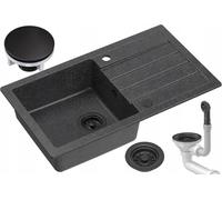 myQ Évier en granit | Dimensions : 77 x 44 x 17,5 cm, couleur : noir | SEUL 11 | Évier de cuisine simple avec égouttoir et siphon manuel | pour armoires à partir de 50 cm