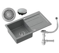 myQ Evier en granit | Dimensions : 77 x 44 x 18,5 cm, Couleur : Gris | PARIS 11 Evier de cuisine Evier simple avec égouttoir et siphon manuel | pour armoires à partir de 50 cm