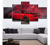 Myrdsio Impression sur Toile 5 Parties Image Imprimée sur Toile Red Muscle Dodge Challenger Car 5 Pièces Peinture Décoration Murale 150×80Cm avec Cadre Artwork Peinture