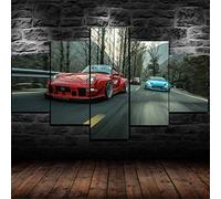 Myrdsio Impressions Sur Toile 5 Panneaux Muraux Red And Blue Classic Cars On The Company Road Tableau Decoration Murale Tendu Sur Chassis Encadrée,Toile Salon Tableaux Murale Decoration
