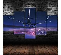 Myrdsio Peinture Murale D'Art L'Image 5 Pièces Impression Sur Toile Intissée Boeing 737 Airplane Night Sky Moderne Salon Appartement Domicile Décoration Modulaire Poster Mural Encadré