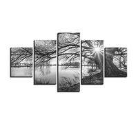 Myrdsio Peinture Murale D'Art L'Image 5 Pièces Impression Sur Toile Intissée Lakeside Big Trees Noir Blanc Moderne Salon Appartement Domicile Décoration Modulaire Poster Mural Encadré