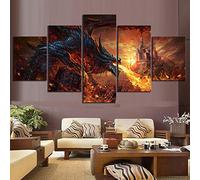 Myrdsio Tableau Decoration Murale 5 Parties Tableau Imprimé Sur Toile Intissee Fire Dragon World Of Warcraft Jeu Image Imprimée Xxl Motif Moderne Dcoration 150×80Cm Avec Cadre