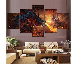 Myrdsio Tableau Decoration Murale 5 Parties Tableau Imprimé Sur Toile Intissee Fire Dragon World Of Warcraft Jeu Image Imprimée Xxl Motif Moderne Dcoration 150×80Cm Avec Cadre