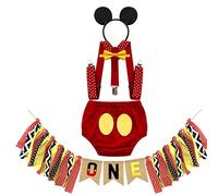 MYRISAM Déguisement de Mickey pour 1er Anniversaire Bébé Cake Smash Photo Prop Carnaval Halloween Costume Bloomers Noeud Papillon Bretelles Serre-tête avec Bannière Chaise Haute 6-12 mois