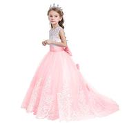 MYRISAM Filles Appliques Robe de Première Communion Tulle Dentelle avec Bowknot Demoiselle d'honneur Robe d’mariage Cérémonie Soirée anniversaire Baptême Carnaval Fête Corail 8-9