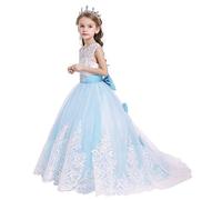 MYRISAM Filles Appliques Robe de Première Communion Tulle Dentelle avec Bowknot Demoiselle d'honneur Robe d’mariage Cérémonie Soirée anniversaire Baptême Carnaval Fête Bleu Clair 12-13