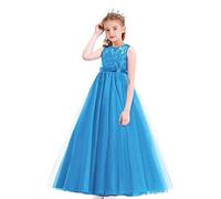 MYRISAM Filles Pageant Robe de Princesse en Dentelle sans Manches Robe de Mariage Soirée Carnaval Communion Anniversaire Cérémonie Noël Fête Longue Tulle Bal Bleu 7-8 Ans