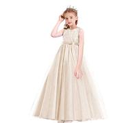 MYRISAM Filles Pageant Robe de Princesse en Dentelle sans Manches Robe de Mariage Soirée Carnaval Communion Anniversaire Cérémonie Noël Fête Longue Tulle Bal Abricot 11-12 Ans