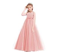 MYRISAM Filles Pageant Robe de Princesse en Dentelle sans Manches Robe de Mariage Soirée Carnaval Communion Anniversaire Cérémonie Noël Fête Longue Tulle Bal Rose pêche 5-6 Ans