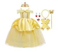 MYRISAM Filles Princesse Belle Robe de Carnaval Hors Épaule Costume de la Beauté et la Bête Halloween Cosplay Fancy Dress up Déguisements Cosplay Cérémonie Anniversaire avec Accessoires 6-7