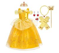 MYRISAM Filles Princesse Belle Robe de Carnaval Hors Épaule Costume de la Beauté et la Bête Halloween Déguisements Cosplay Cérémonie Anniversaire avec Accessoires 10-11 ans