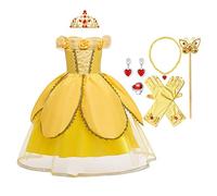 MYRISAM Filles Princesse Belle Robe de Carnaval Hors Épaule Costume de la Beauté et la Bête Halloween Déguisements Cosplay Cérémonie Anniversaire avec Accessoires 6-7 ans