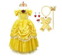 MYRISAM Filles Princesse Belle Robe de Carnaval Hors Épaule Costume de la Beauté et la Bête Halloween Déguisements Cosplay Cérémonie Anniversaire avec Accessoires 6-7 ans