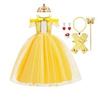 MYRISAM Filles Princesse Belle Robe de Carnaval Hors Épaule Costume de la Beauté et la Bête Halloween Cosplay Fancy Dress up Déguisements Cosplay Cérémonie Anniversaire avec Accessoires 7-8