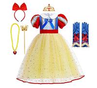 MYRISAM Filles Robe de Carnaval Princesse Costume de Blanche Neige Conte de Fée Snow White Déguisements Cosplay Halloween Noël Robe de Soirée Anniversaire avec Accessoires 7-8 Ans
