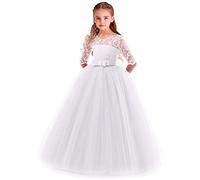 MYRISAM Filles Robe de Cérémonie 3/4 Manches Longues Tulle Dentelle avec Bowknot Demoiselle d'honneur Robe d’Mariage Soirée Communion Anniversaire Baptême Carnaval Fête Bal Blanc 2-3 Ans