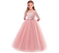 MYRISAM Filles Robe de Cérémonie 3/4 Manches Longues Tulle Dentelle avec Bowknot Demoiselle d'honneur Robe d’mariage Soirée Communion anniversaire Baptême Carnaval Fête Bal Rose 3-4 Ans