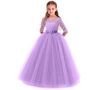 MYRISAM Filles Robe de Cérémonie 3/4 Manches Longues Tulle Dentelle avec Bowknot Demoiselle d'honneur Robe d’mariage Soirée Communion anniversaire Baptême Carnaval Fête Bal Violet 5-6 Ans