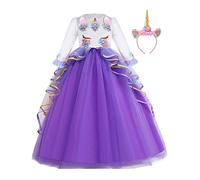 MYRISAM Princesse Fille Licorne Déguisement Manches Longues Robe de Anniversaire Cérémonie Soirée Halloween Carnaval Noël Fête Spectacle Mariage Longue en Tulle Robes Bal avec Bandeau Violet 10-11