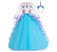 MYRISAM Princesse Fille Licorne Déguisement Manches Longues Robe de Anniversaire Cérémonie Soirée Halloween Carnaval Noël Fête Spectacle Mariage Longue en Tulle Robes Bal avec Bandeau Bleu 12-13