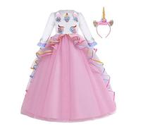 MYRISAM Princesse Fille Licorne Déguisement Manches Longues Robe de Anniversaire Cérémonie Soirée Halloween Carnaval Noël Fête Spectacle Mariage Longue en Tulle Robes Bal avec Bandeau Rose 10-11