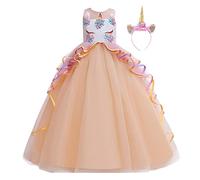 MYRISAM Princesse Fille Licorne Déguisement Robe de Anniversaire Cérémonie Soirée Halloween Carnaval Noël Fête Spectacle Mariage Longue en Tulle Robes Bal avec Bandeau Champagne 8-9