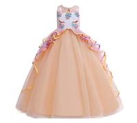 MYRISAM Princesse Fille Licorne Déguisement Robe de Anniversaire Cérémonie Soirée Halloween Carnaval Noël Fête Spectacle Mariage Longue en Tulle Robes Bal Champagne 8-9