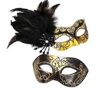 MYSEUNI Glod Masque de bal masqué pour couple - Masque femme avec plumes et masques vénitiens pour homme - Fête, Mardi Gras, Halloween, cosplay, bal de fin d'année, Noël