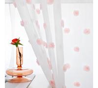 MYSKY HOME Rideaux Voilage pour Chambre d'enfant Fille Draperies Voile avec Oeillet Pompons Brodé Design Semi-Transparent Rideau Court pour Cuisine, L 140 x H 160 cm, Rose, 2 PCs