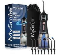 MySmile LP221 UVC Hydropulseur sans fil stérilisable pour les dents 335ML Écran OLED portable avec 4 modes, 8 embouts de jet et une pochette de rangement pour la maison et les voyages (Noir Minuit)