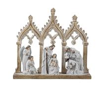 Mystère Naissance 1 pièce avec Rois Anges et Berger adorant l'enfant avec des arcs comme Portail en résine crème et dorée 30 x 8 x 27 cm