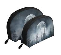 Mystérieuse forêt et nuit étoilée pleine lune imprimée trousses de maquillage 2 pièces Portable Shell Voyage Trousse de toilette, blanc, Taille unique