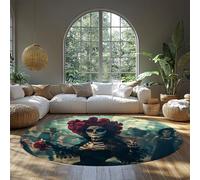 mystérieux Squelette Femme Rond Tapis Rouge Rose Gothique Lavable Cercle Tapis pour Salon Chambre à Manger Halloween décoration d’intérieur 122cm（Rond）