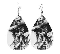 Mysterious Black and White Skull Boucles d'oreilles en cuir en forme de larme pour femme - Boucles d'oreilles pendantes légères en PVC avec crochets en argent 925, imprimés double face | Cadeau