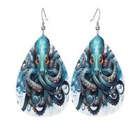 Mysterious Blue Octopus Boucles d'oreilles en cuir en forme de larme pour femme - Boucles d'oreilles pendantes légères en PVC avec crochets en argent 925, imprimés double face | Cadeau