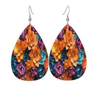 Mysterious Colorful Bouquet Boucles d'oreilles en cuir en forme de larme pour femme - Boucles d'oreilles pendantes légères en PVC avec crochets en argent 925, imprimés double face | Cadeau