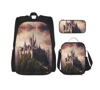 Mysterious Fantasy Fairy Tale Castle Print Ensemble sac à dos, sac à déjeuner et trousse à crayons pour voyage, université et usage quotidien