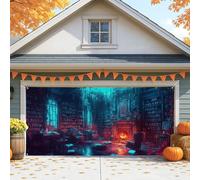 Mysterious Library Housse de porte de garage - Grande bibliothèque artistique bleue - Décoration d'intérieur et d'extérieur pour Halloween - 397 x 180 cm
