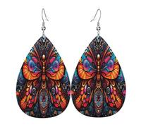 Mysterious Rainbow Butterfly Boucles d'oreilles en cuir en forme de larme pour femme - Boucles d'oreilles pendantes légères en PVC avec crochets en argent 925, imprimés double face | Cadeau