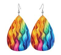Mysterious Rainbow Flames Boucles d'oreilles en cuir en forme de larme pour femme - Boucles d'oreilles pendantes légères en PVC avec crochets en argent 925, imprimés double face | Cadeau