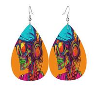 Mysterious Rainbow Rock Squelette Boucles d'oreilles en cuir en forme de larme pour femme - Boucles d'oreilles pendantes légères en PVC avec crochets en argent 925, imprimés double face | Cadeau