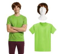 Mystery Solver Costume Set - 2 pièces Costume de détective de dessin animé classique avec t-shirt vert et perruque marron - Idéal pour Halloween, rétro années 70 et groupe - Déguisement pour homme