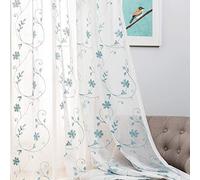 MYSTIC-HOME Rideaux Transparents Bleus de 213,4 cm de Long, Rideaux Transparents brodés à Fleurs 2 Panneaux, traitements de fenêtre en Voile Semi-froissé Bleu Fleuri, 52" Lx84 L