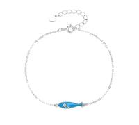 MYSTIC JEWELS Bracelet chaîne avec pendentif poisson en argent 925 - émail bleu et zircon - Design minimaliste avec finition rhodium - Réglable 16 + 3 cm - Avec pochette cadeau, Talla Unica, Argent