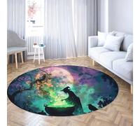 Mystic Witch Style 160cm Tapis Ronds Halloween Decor Vert Chaudron Pleine Lune Corbeau Impression Sol Tapis Lavable à Poils Ras pour Salon